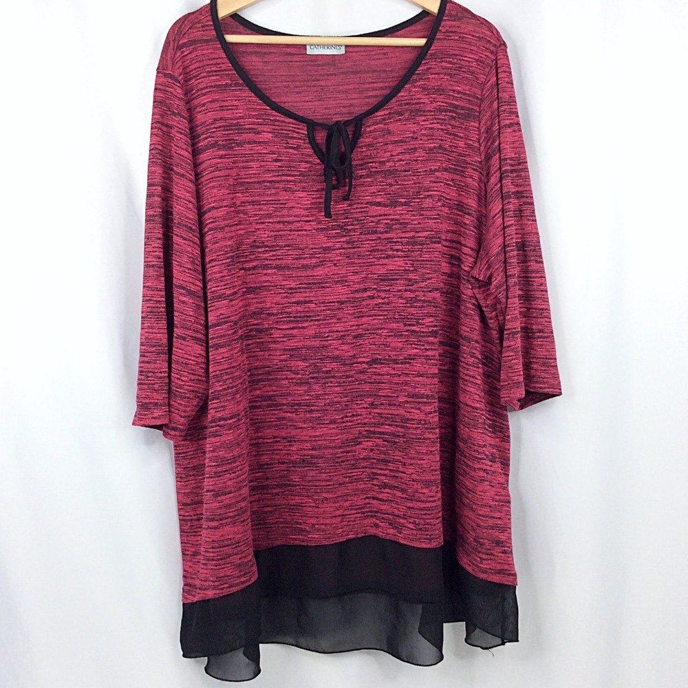 Catherines Tunic Sweater Women's Size 2X 22/24W Pink Black 3/4 Sleeve Tie Neck